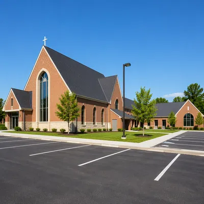 Modern Suburban Church Exterior on Clear Day