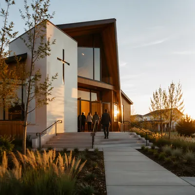 Modern Church Exterior at Sunday Sunrise