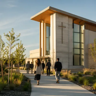 Modern Community Church Exterior at Sunrise