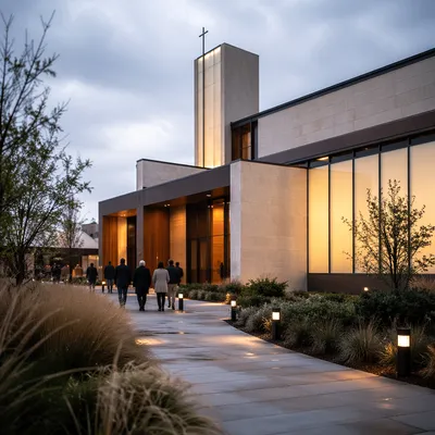 Modern Church Exterior on Sunday Morning