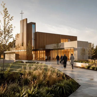Modern Church Exterior at Sunrise