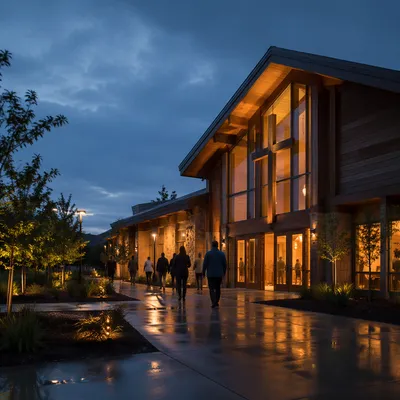 Modern Church Exterior at Rainy Blue Hour