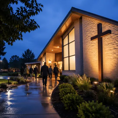 Modern Church Exterior at Rainy Blue Hour