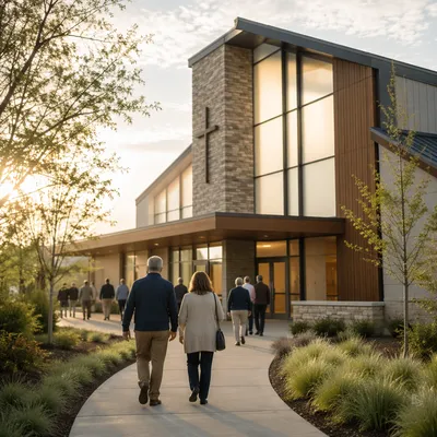 Modern Church Exterior on Sunday Morning