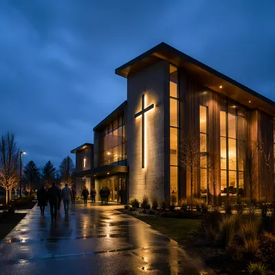 Modern Church Exterior at Rainy Blue Hour
