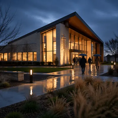 Modern Church Entrance After Evening Rain