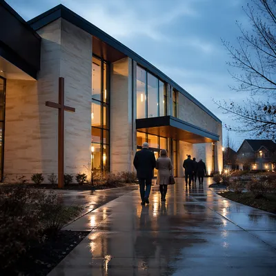 Modern Church Exterior After Rain