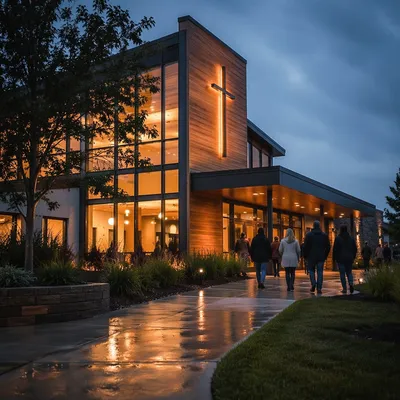 Modern Church Exterior After Evening Rain