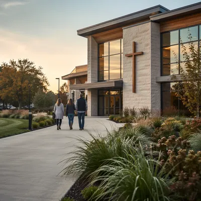 Modern Church Exterior at Peaceful Sunrise