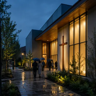 Modern Church Exterior After Spring Rain