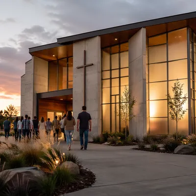 Modern Church Exterior at Golden Sunset