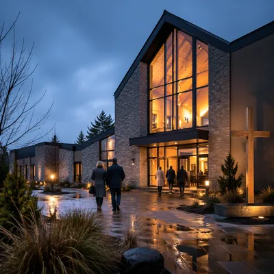 Modern Church Exterior at Rainy Blue Hour