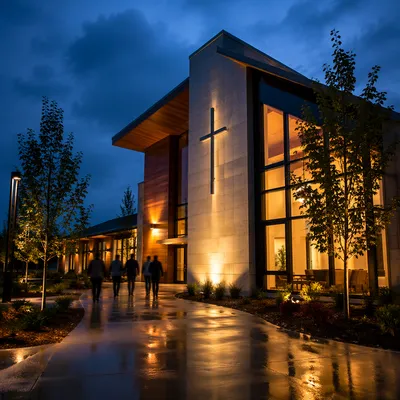 Modern Church Exterior at Welcoming Blue Hour