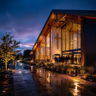 Modern Church Exterior at Rainy Blue Hour