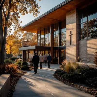 Modern Church Exterior on Peaceful Sunday Morning
