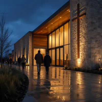 Modern Church Exterior at Rainy Blue Hour