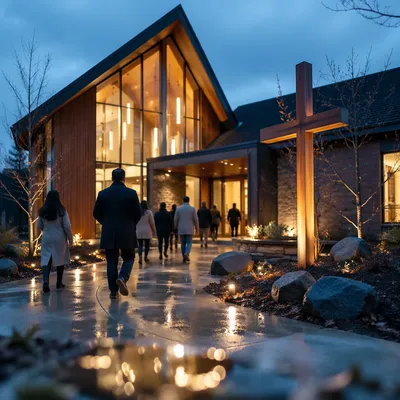 Modern Church Exterior at Rainy Blue Hour
