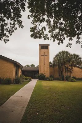 Modern Community Church Exterior with Bell Tower