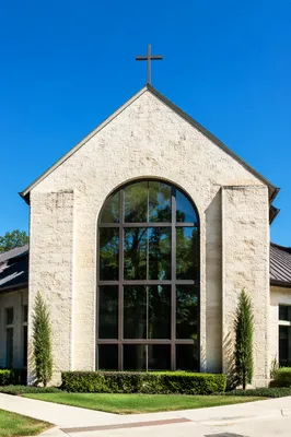 Modern Church Exterior Under Blue Sky