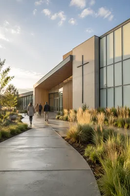 Modern Church Exterior in Golden Morning Light