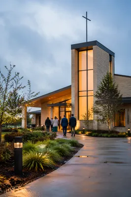 Modern Church Exterior on Quiet Sunday Morning