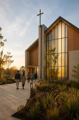 Modern Church Exterior at Spring Sunrise