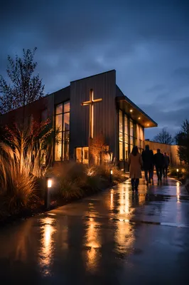 Modern Church Exterior at Rainy Blue Hour