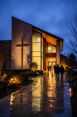 Modern Church Exterior at Rainy Blue Hour