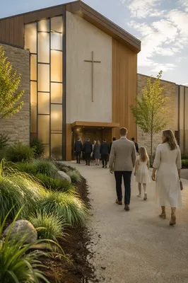 Modern Church Exterior on Peaceful Sunday