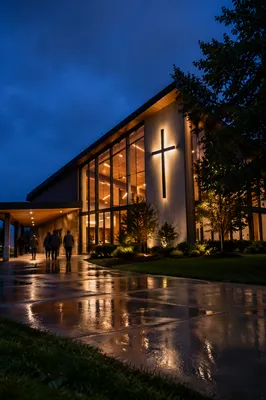 Modern Church Exterior at Rainy Blue Hour