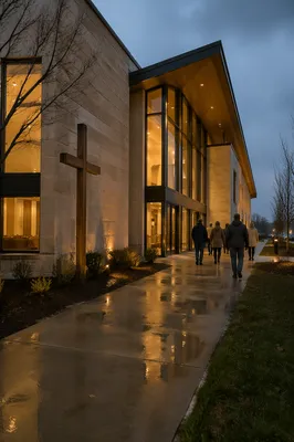 Modern Church Exterior After Rain