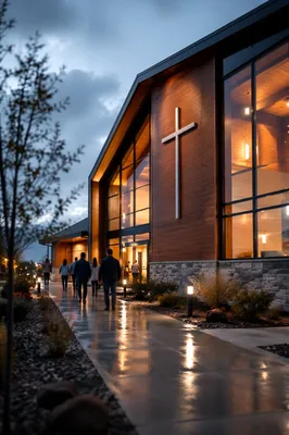 Modern Church Exterior After Evening Rain