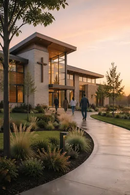 Modern Church Exterior at Peaceful Sunrise