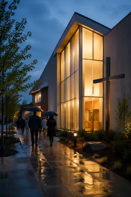 Modern Church Exterior After Spring Rain