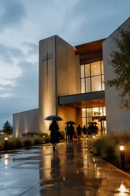 Modern Church Entrance After Evening Rain