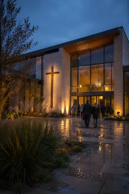 Modern Church Exterior at Rainy Blue Hour