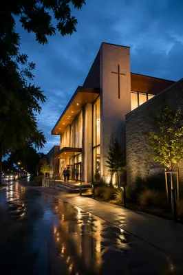 Modern Church Exterior at Peaceful Blue Hour