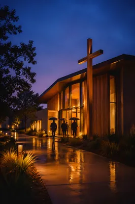 Modern Church Exterior at Rainy Blue Hour