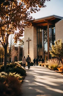 Modern Church Exterior in Autumn Morning Light
