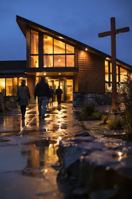 Modern Church Exterior at Rainy Blue Hour