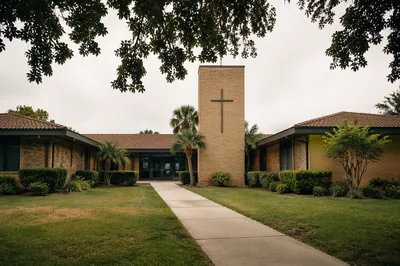 Modern Community Church Exterior with Bell Tower