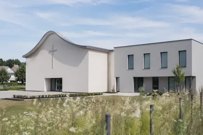 Modern Minimalist Church Exterior in Meadow