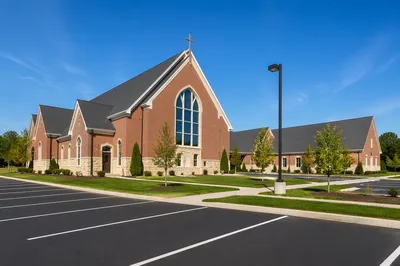 Modern Suburban Church Exterior on Clear Day