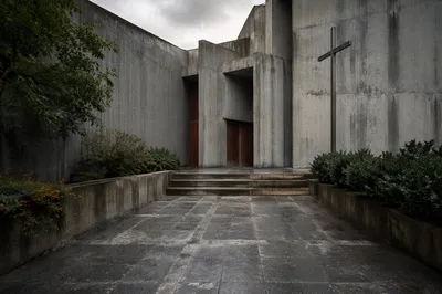 Modern Brutalist Church Courtyard Entrance