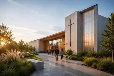 Modern Church Exterior in Golden Morning Light