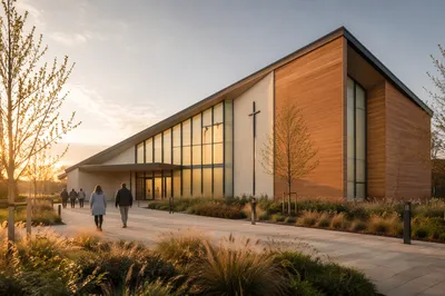 Modern Church Exterior at Spring Sunrise