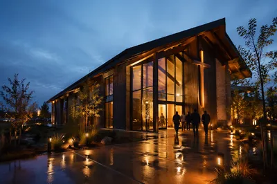 Modern Church Exterior at Rainy Blue Hour
