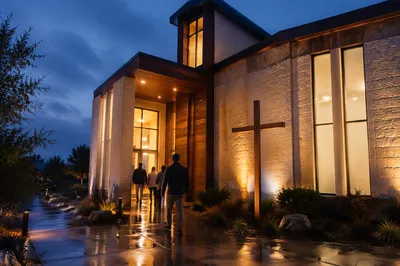 Modern Church Exterior at Rainy Blue Hour