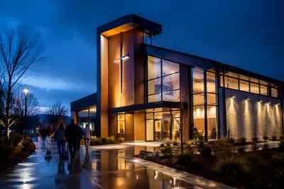 Modern Church Exterior at Rainy Blue Hour