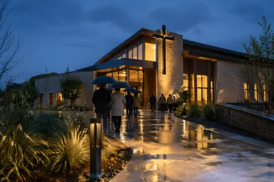 Modern Church Entrance After Rain at Blue Hour